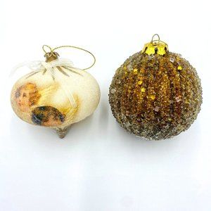 Beaded Gold/White Christmas Baubles Hanging Ornaments Set of 2